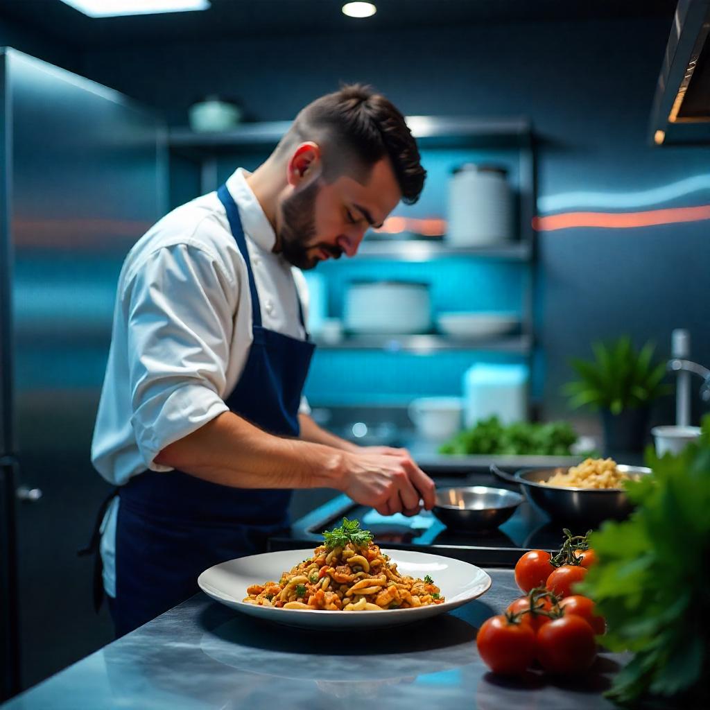 A chef preparing a dish with fermented ingredients in a modern kitchen, showcasing the culinary uses of fermented foods, with stainless steel appliances and fresh herbs in the background.