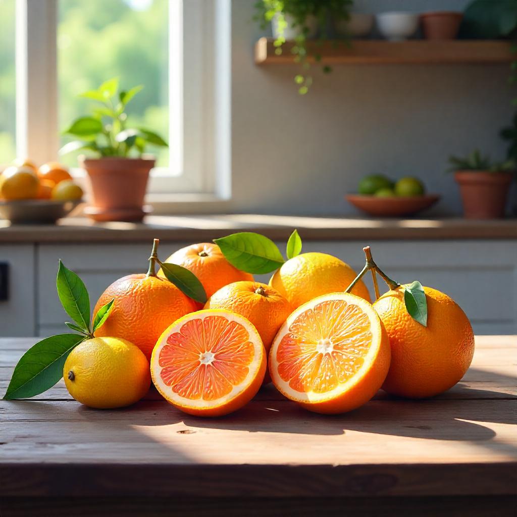 A vibrant still life photograph of assorted citrus fruits oranges, lemons, grapefruits arranged on a rustic wooden table in a sunlit kitchen during summer.
