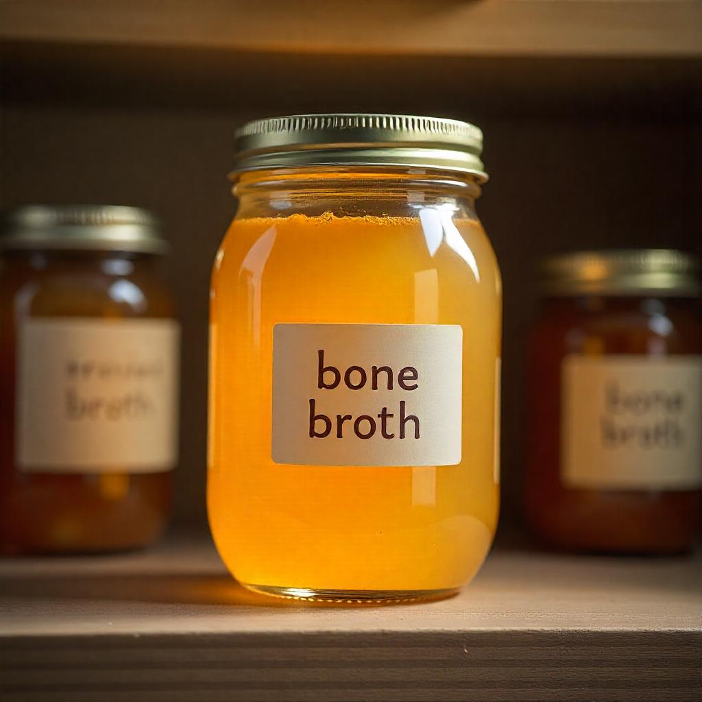 This inviting image showcases a jar of freshly prepared bone broth, glowing with rich golden hues that hint at its nourishing properties. Carefully sealed in a clear glass jar with a minimalist label, the broth reflects both homemade simplicity and nutritional depth. Known for its benefits in gut health, joint support, and immunity boosting, bone broth remains a timeless staple in wellness routines. The warm tones and rustic setting evoke a sense of comfort and tradition — making this elixir a perfect addition to any kitchen.