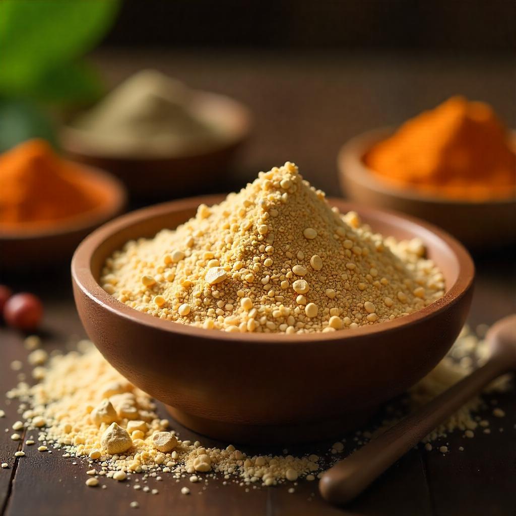 Close-up of Triphala powder in a wooden bowl, illuminated by soft, natural light, with a blurred background of Ayurvedic herbs and spices, presented in a rustic, earthy setting.