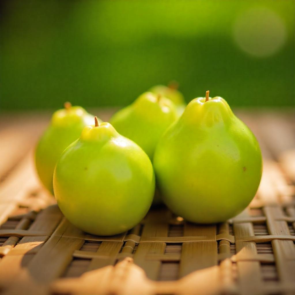 Close-up of fresh, green Amla Indian Gooseberry on a woven bamboo mat, dappled sunlight, soft focus background, summer afternoon.