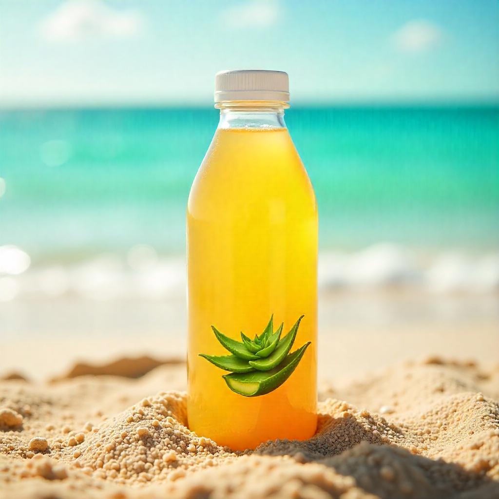 @Aloe Vera Juice in a clear bottle, sandy beach, turquoise ocean backdrop, bright sunlight, summer day, coastal vibe.